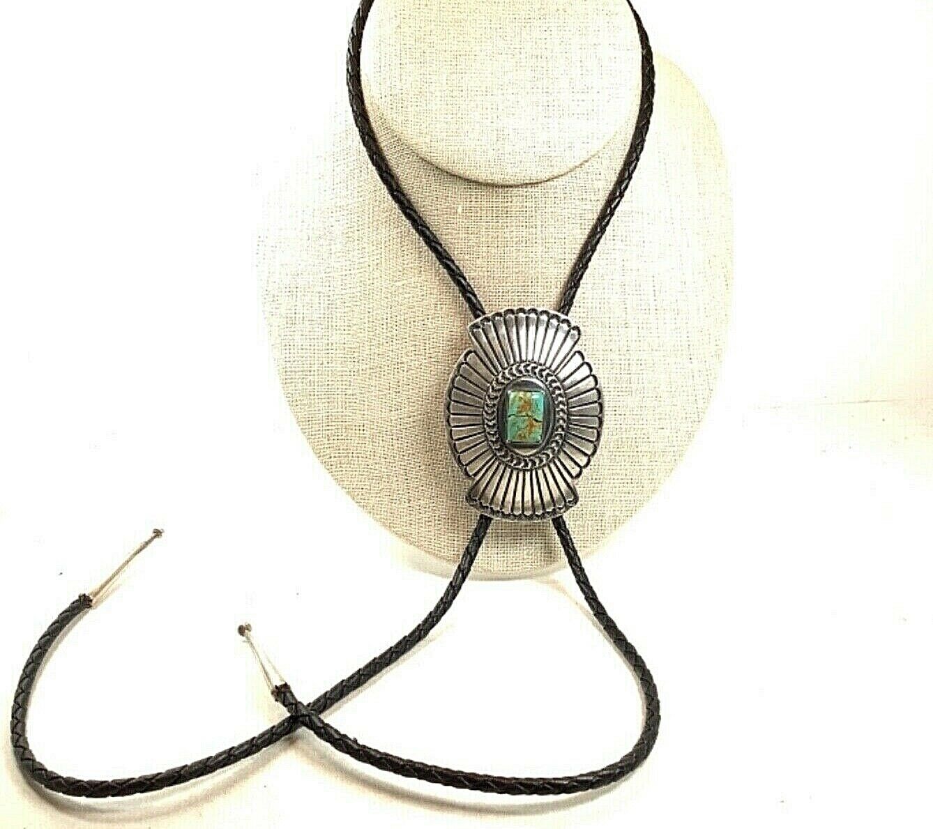 Herbert Ration Signed Navajo Sterling Silver Bolo Tie W/broken Turquoise Stone