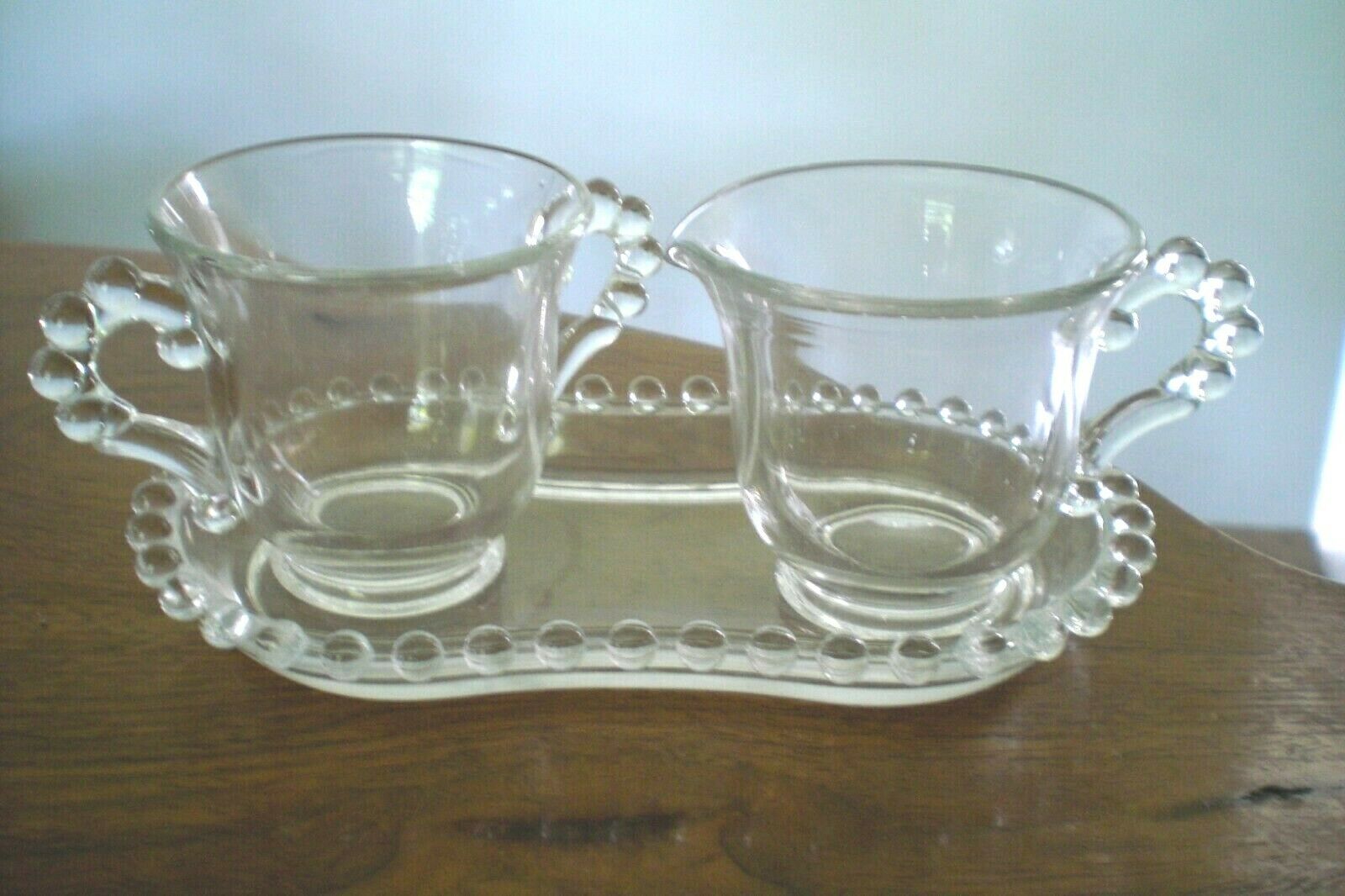 Vintage Imperial Glass Candlewick Beaded Crystal Small Cream & Sugar Set w/ tray
