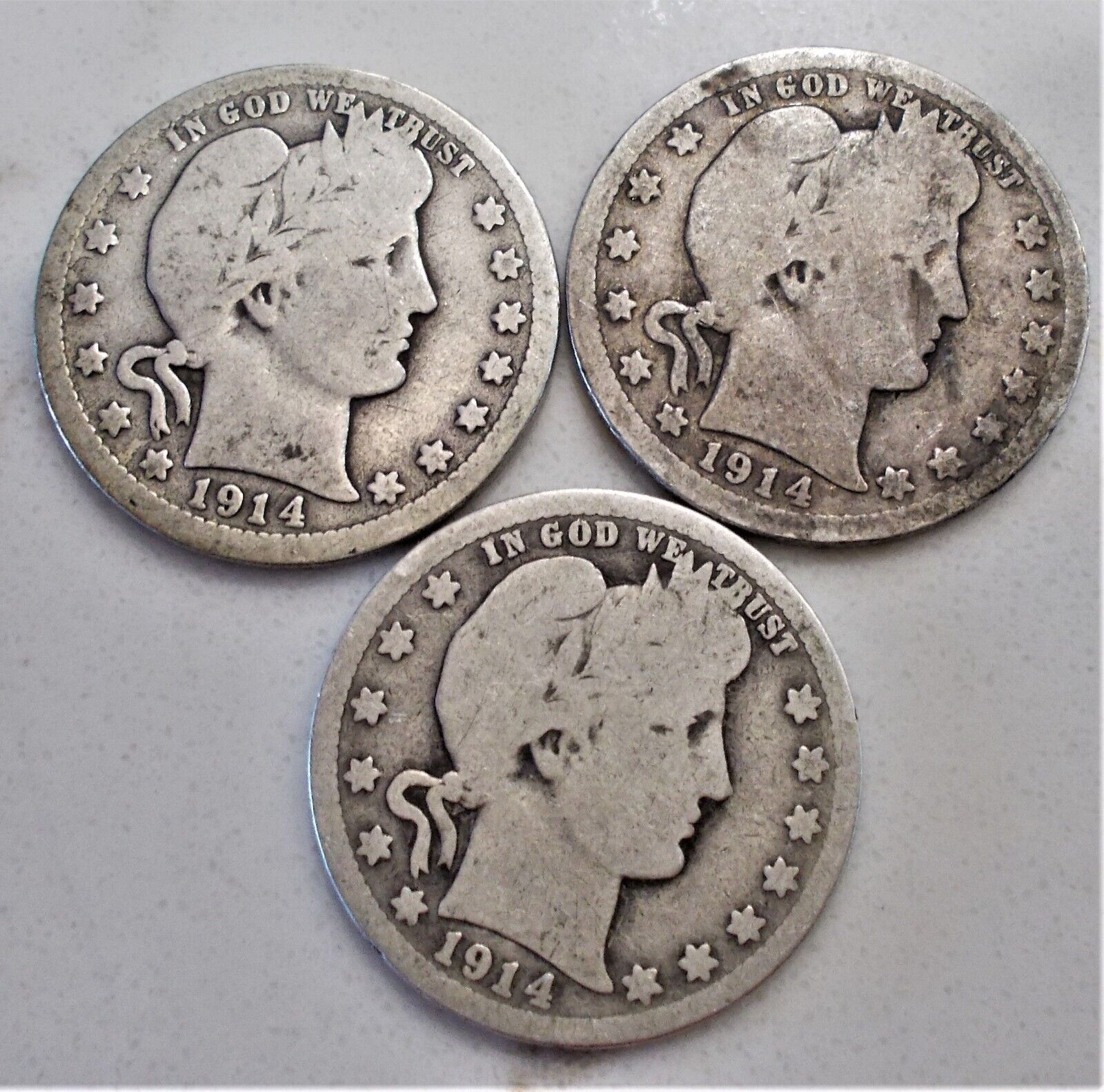 1914 S Barber Quarter & Two 1914 D Barber Silver Quarters! Good+/vg Condition!