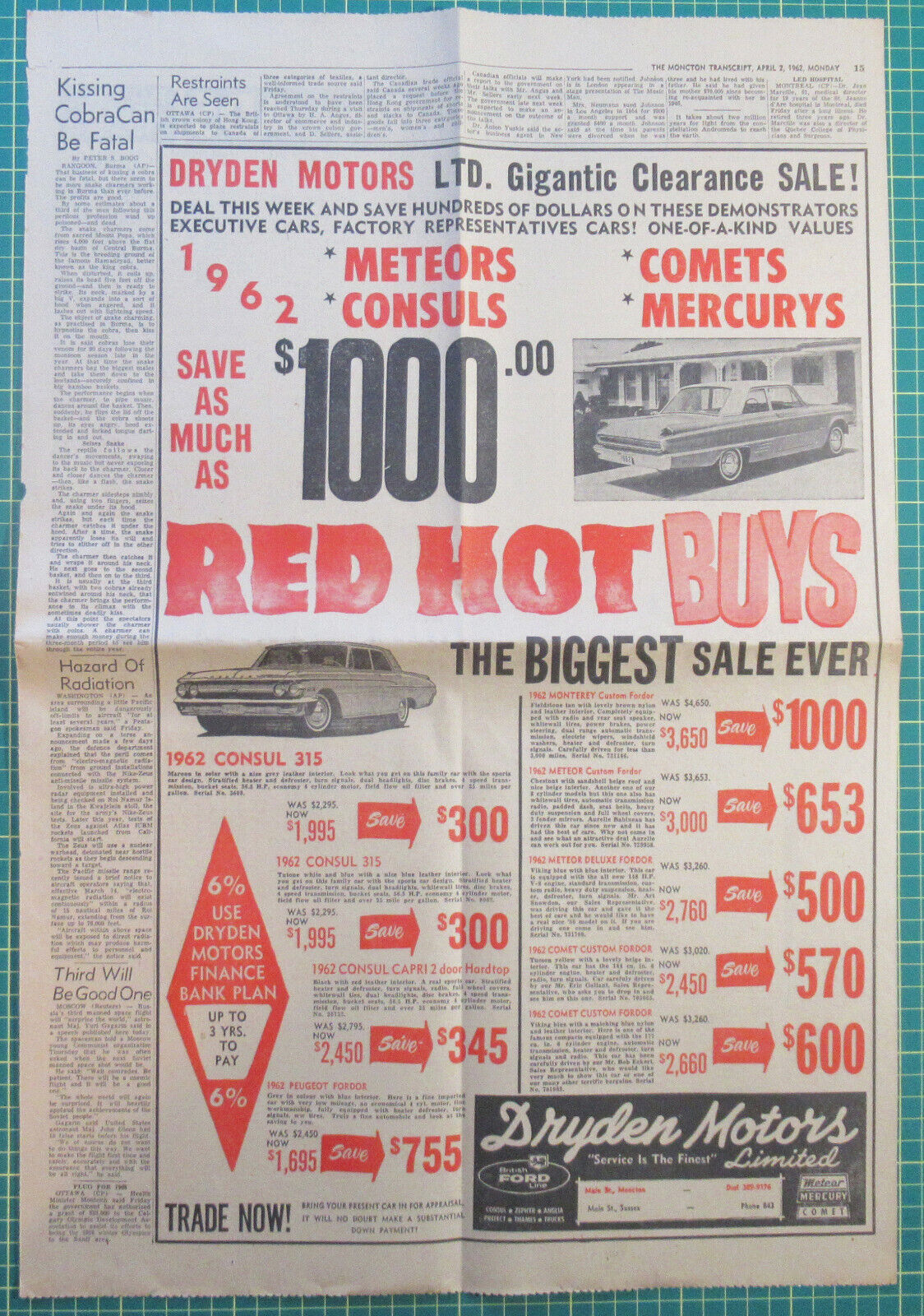 1962 Canadian Dryden Motors Newspaper Print Ad Meteor, Consul, Comet, & Mercury