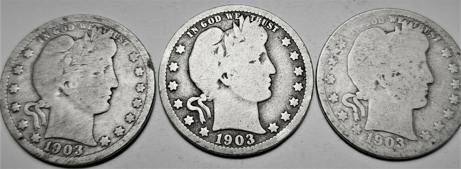 (3)-1903 Barber 90% Silver Quarters 1-1903-S, 2-1903-O U.S. Coin Lot