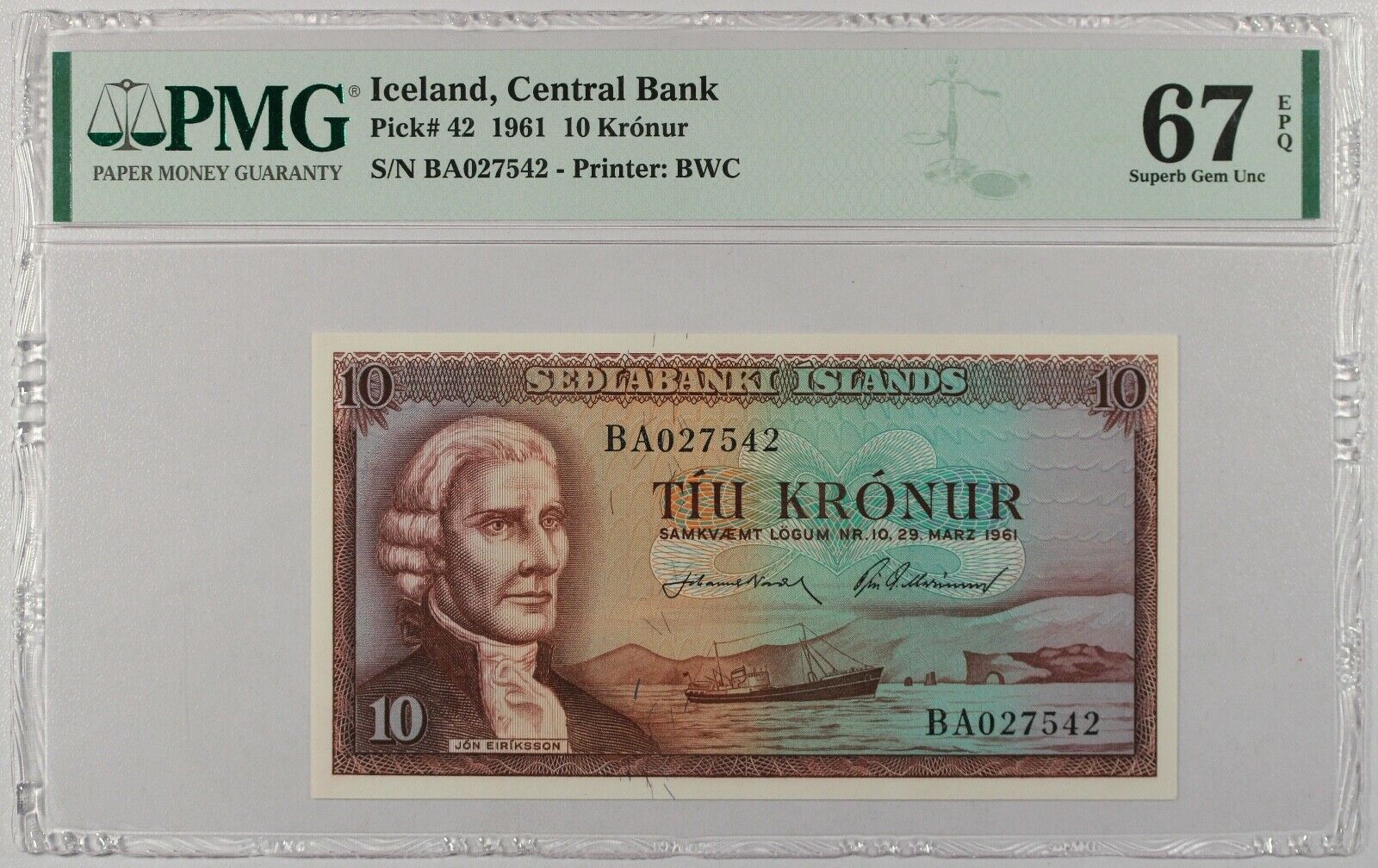 Iceland 10 Kronur, 1961, P-42 ...pmg 67 Epq ...superb Gem Unc
