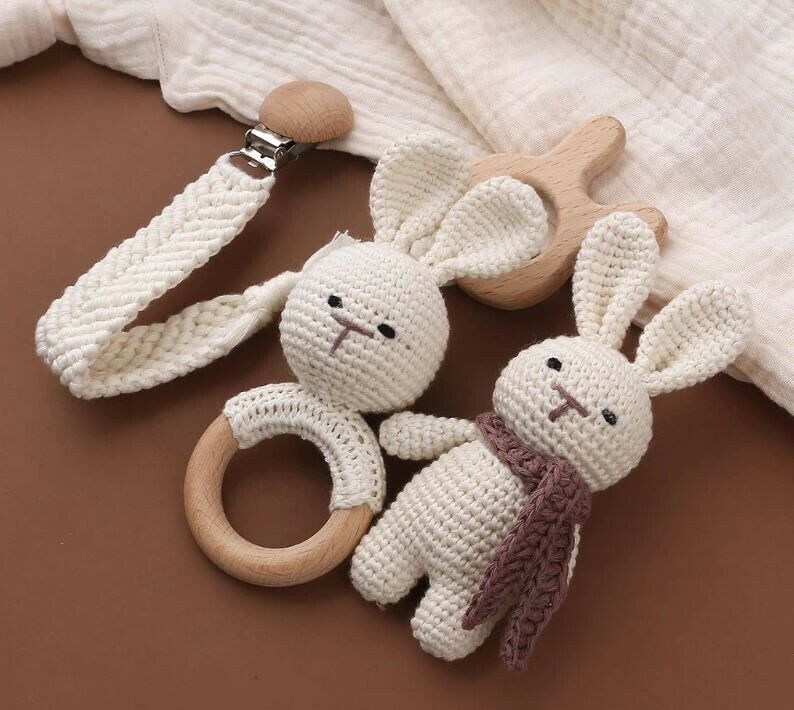 White Crochet Bunny Rattle Safe Wooden Teether Ring Pacifier Clip Gift Set