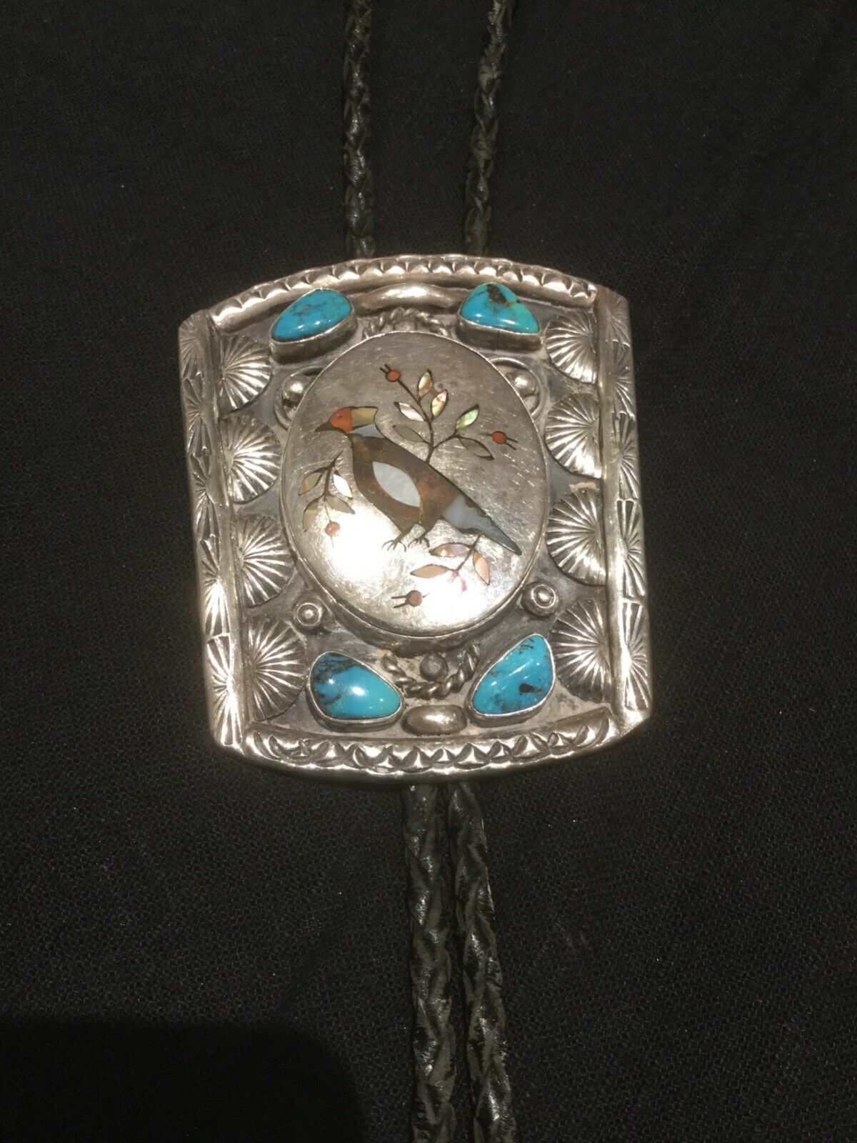Vintage Bennett Native American Bolo Tie With Turquoise And Bird Inlay