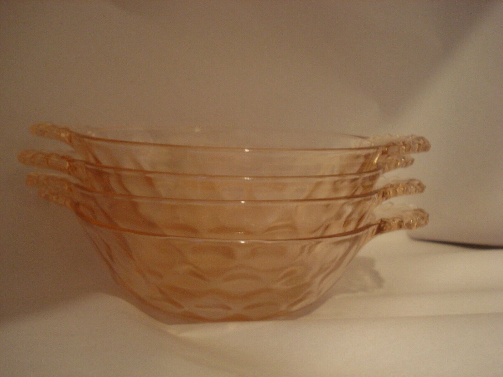 Pink Depression Glass Berry Dessert Bowls Feathered Handles Set of Four