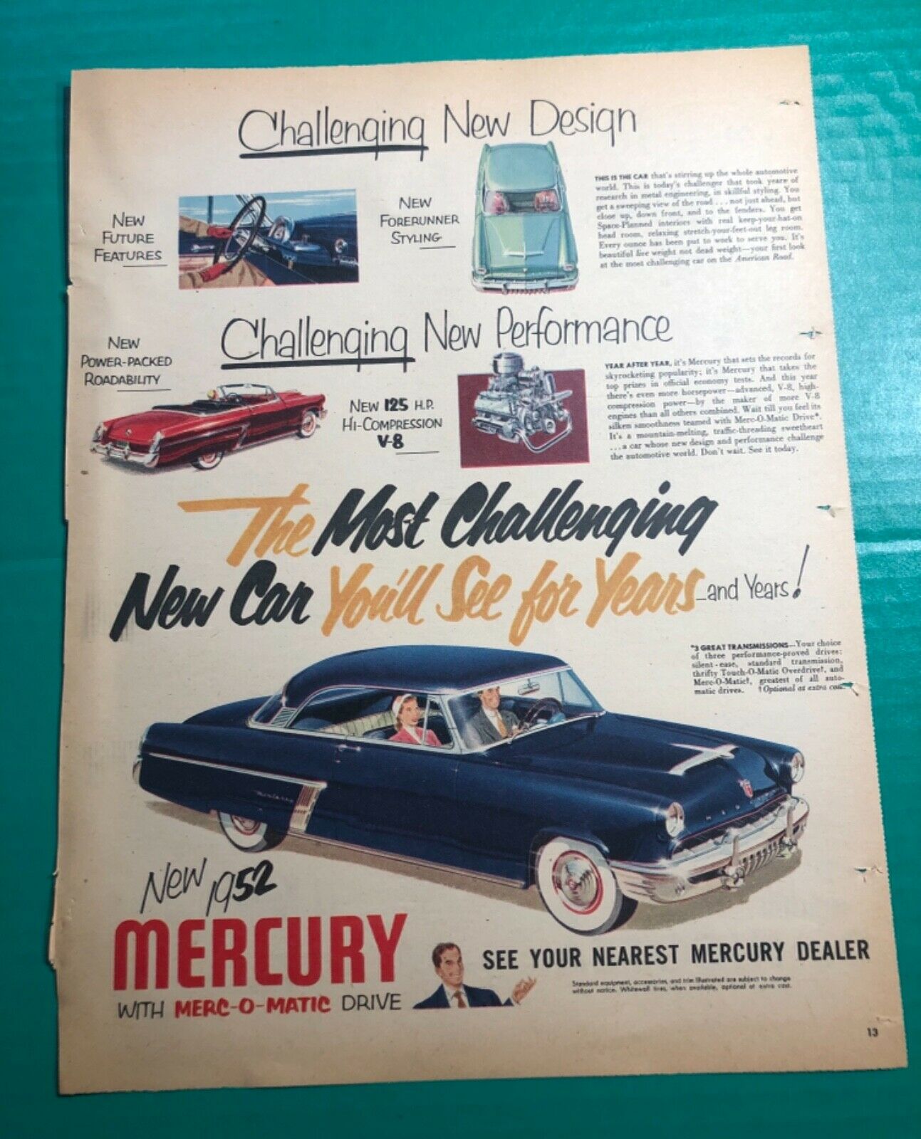 1952 Mercury Automobile Car Print Ad “with Merc-o-matic Drive” 13.5x10.5”