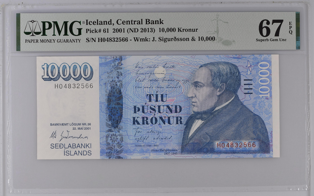 Iceland 10000 Kronur 2001/2013 P 61 Superb Gem UNC PMG 67 EPQ