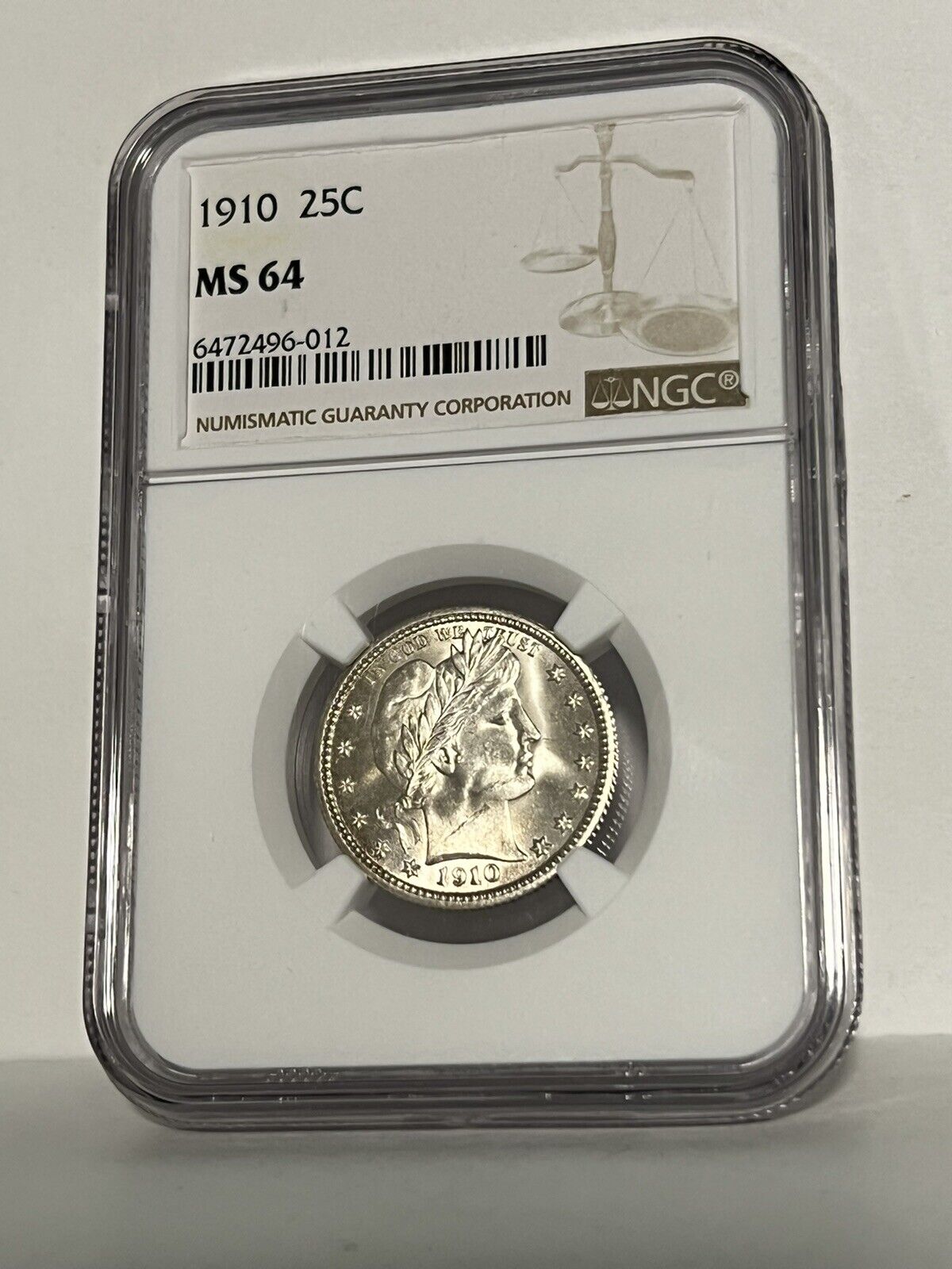 Us 1910 Barber Quarter Ngc Graded Ms 64 Silver 25 Cent Coin