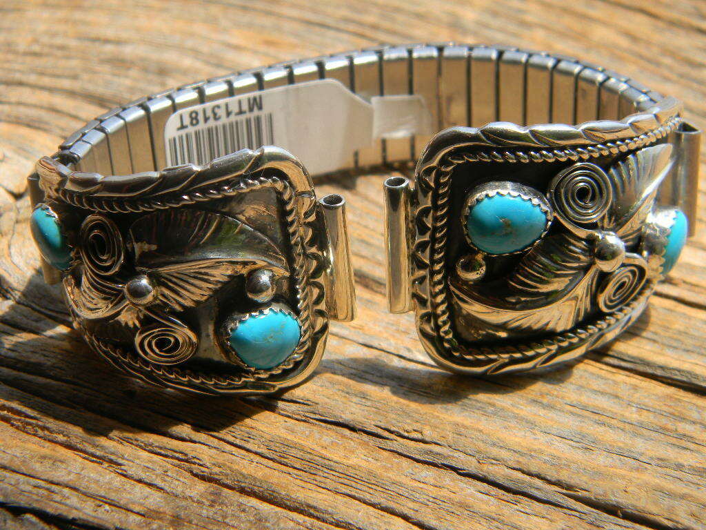 Sterling Silver Navajo Signed Mens Watch Band 4 Blue Sleeping Beauty Turquoise