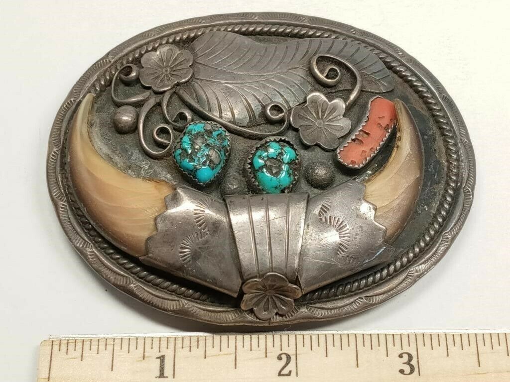 .925 Sterling Silver Old Pawn Belt Buckle With Genuine Claws & Stones, ~94.1g