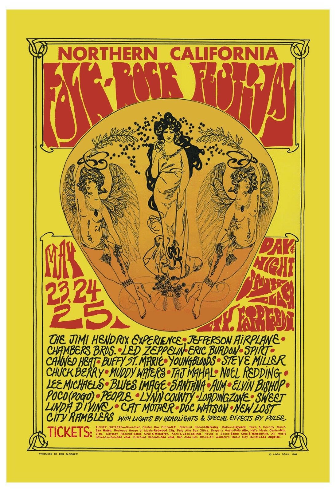 Jimi Hendrix & Led Zeppelin At Folk-rock Festival  Concert Poster 1969   13x19