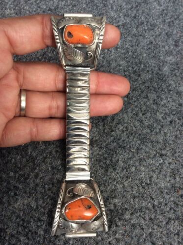 Vtg Native American Navajo Sterling Silver Coral Watch Band