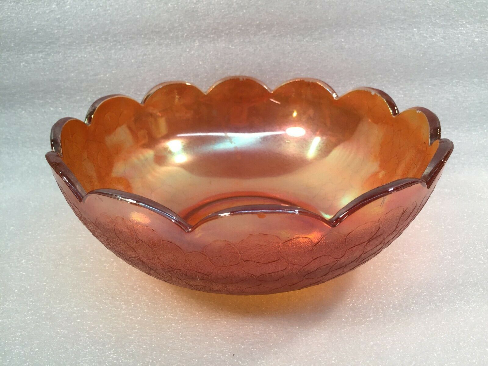 Vintage JEANNETTE Marigold Carnival Crackle Glass Scalloped Bowl