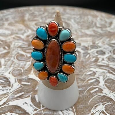 Bea Tom Native American Navajo Sterling Turquoise Spiny Cluster Ring 7.75