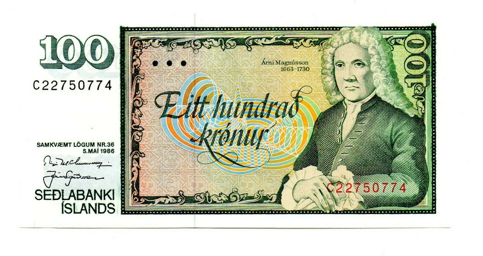 Sedlabank Island Eitt Liindrad Kronur 1986 Iceland Note