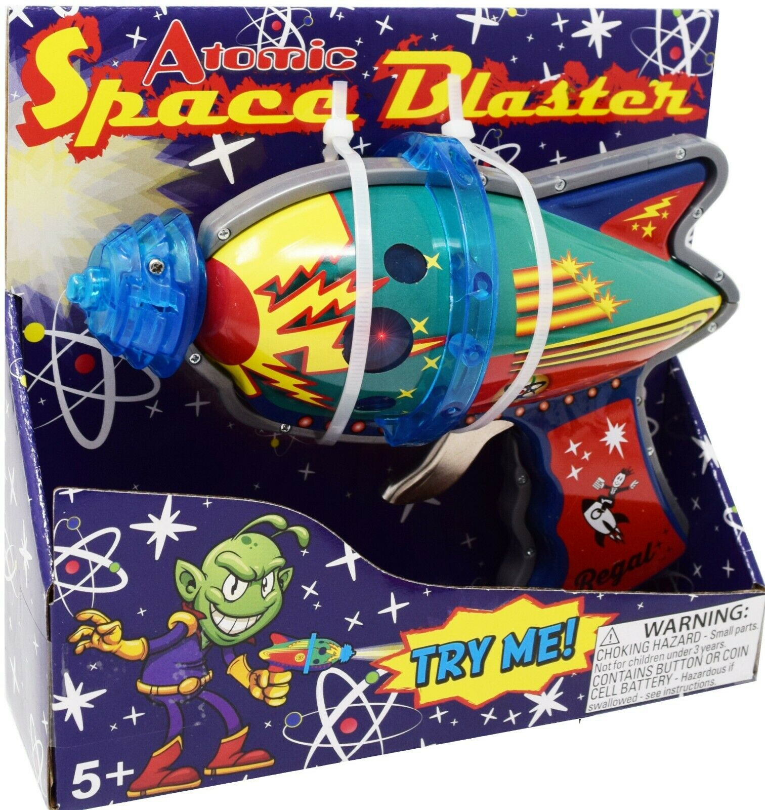 Regal Games Tin Atomic Space Blaster W/ Revving Gears And Cosmic Light Up Effect