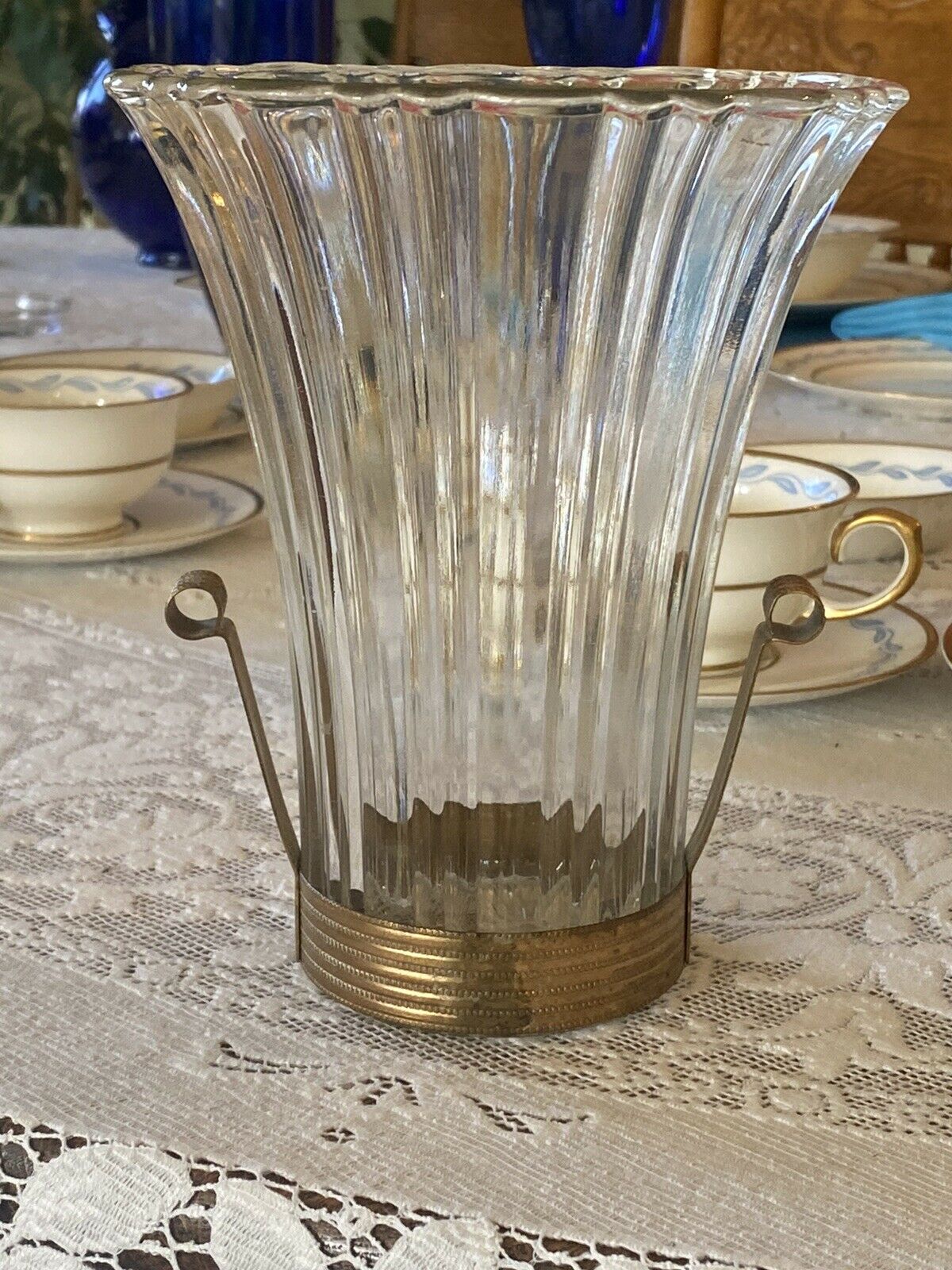 Anchor Hocking Old Cafe Vase With Brass Bottom Element Vintage